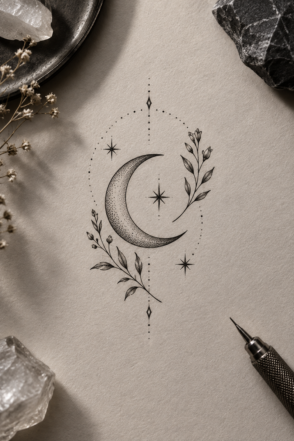 Moon and stars small moon tattoo idea