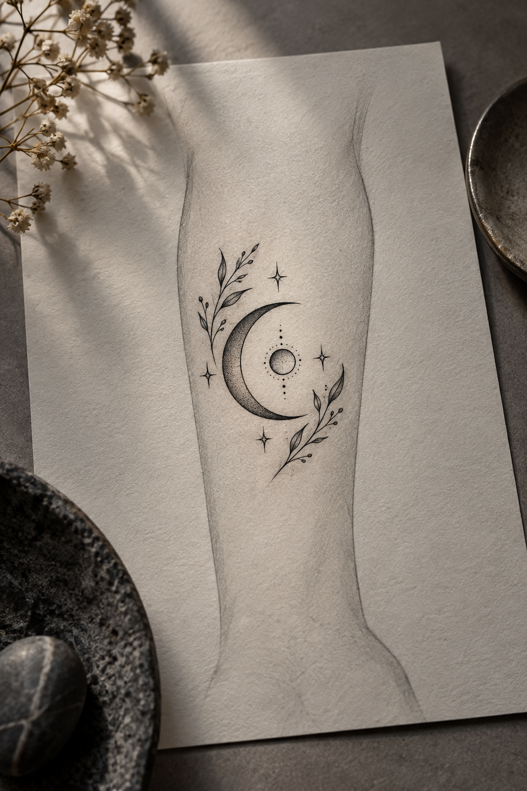Botanical crescent small moon tattoo idea