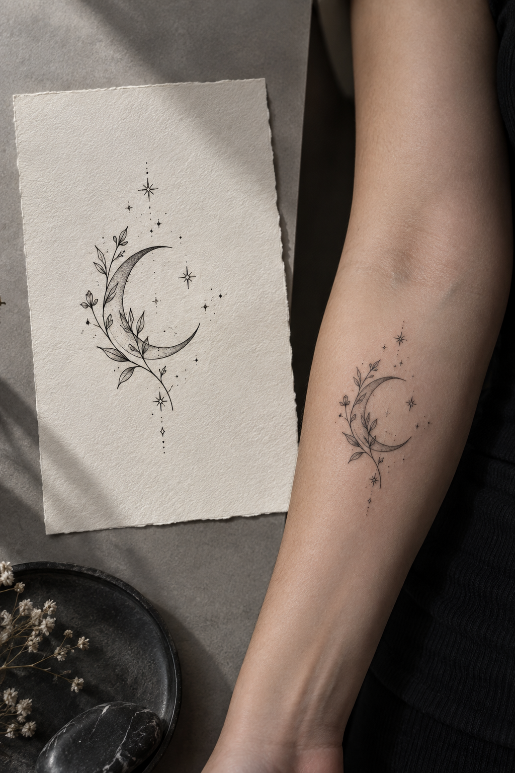 Celestial face small moon tattoo idea