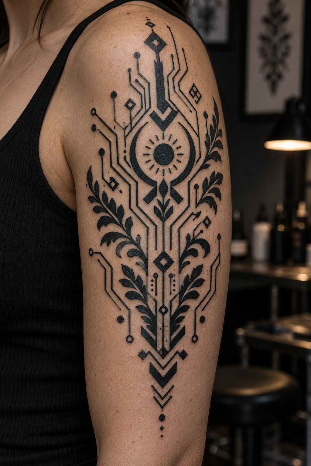 Angular tribal circuit cyber folk tattoo designs