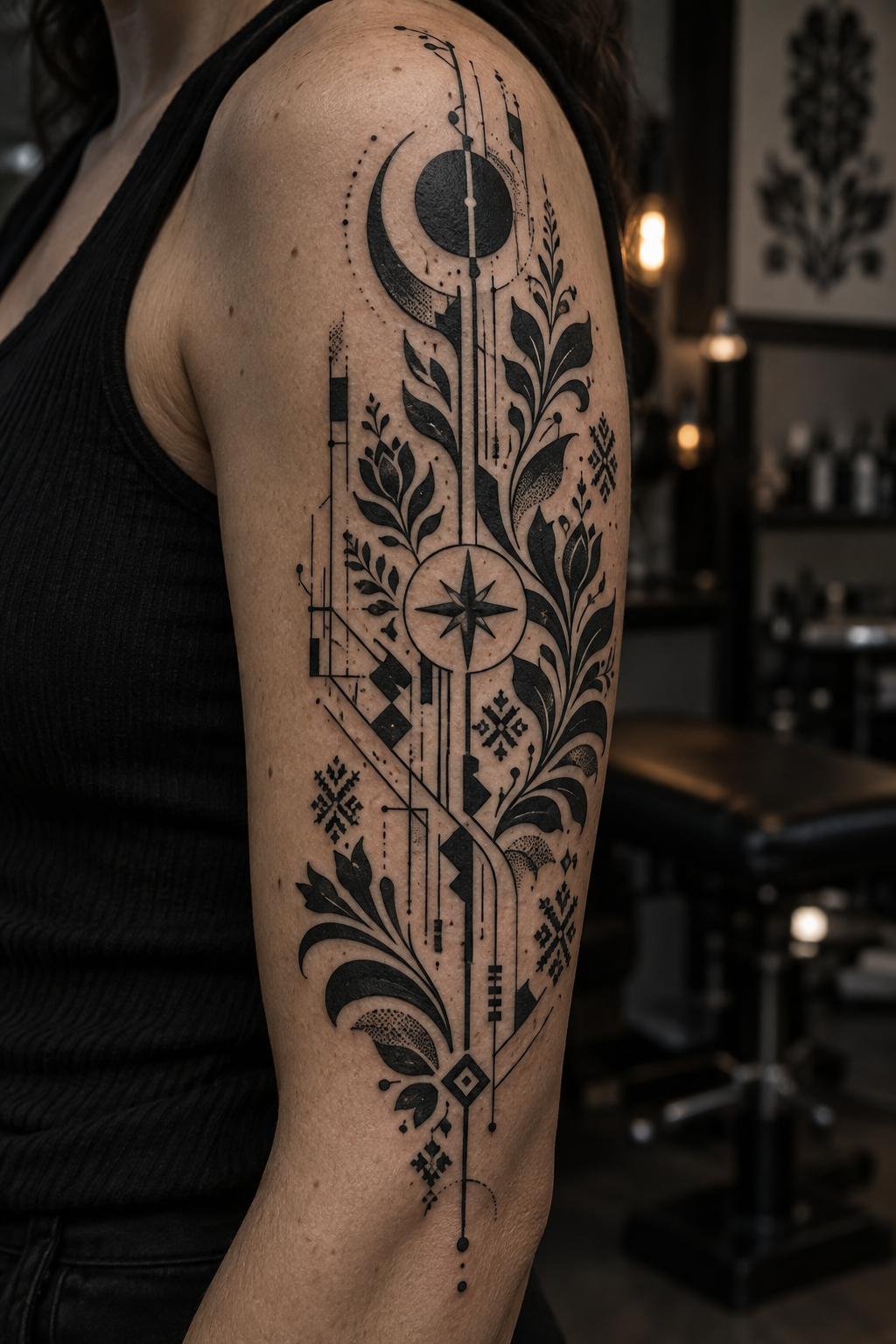Futuristic blackwork cyber folk tattoo designs