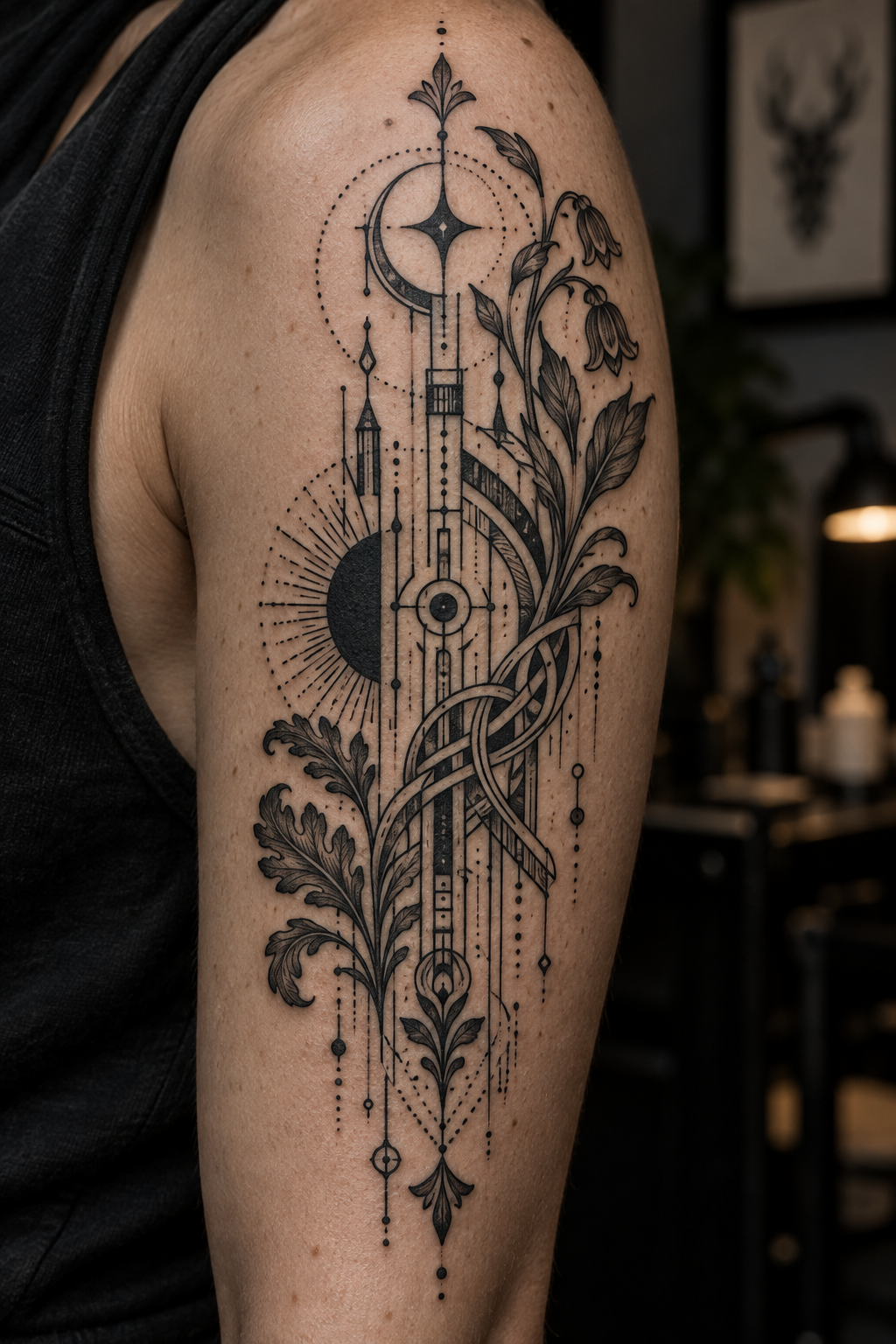 Technical linework cyber folk tattoo designs