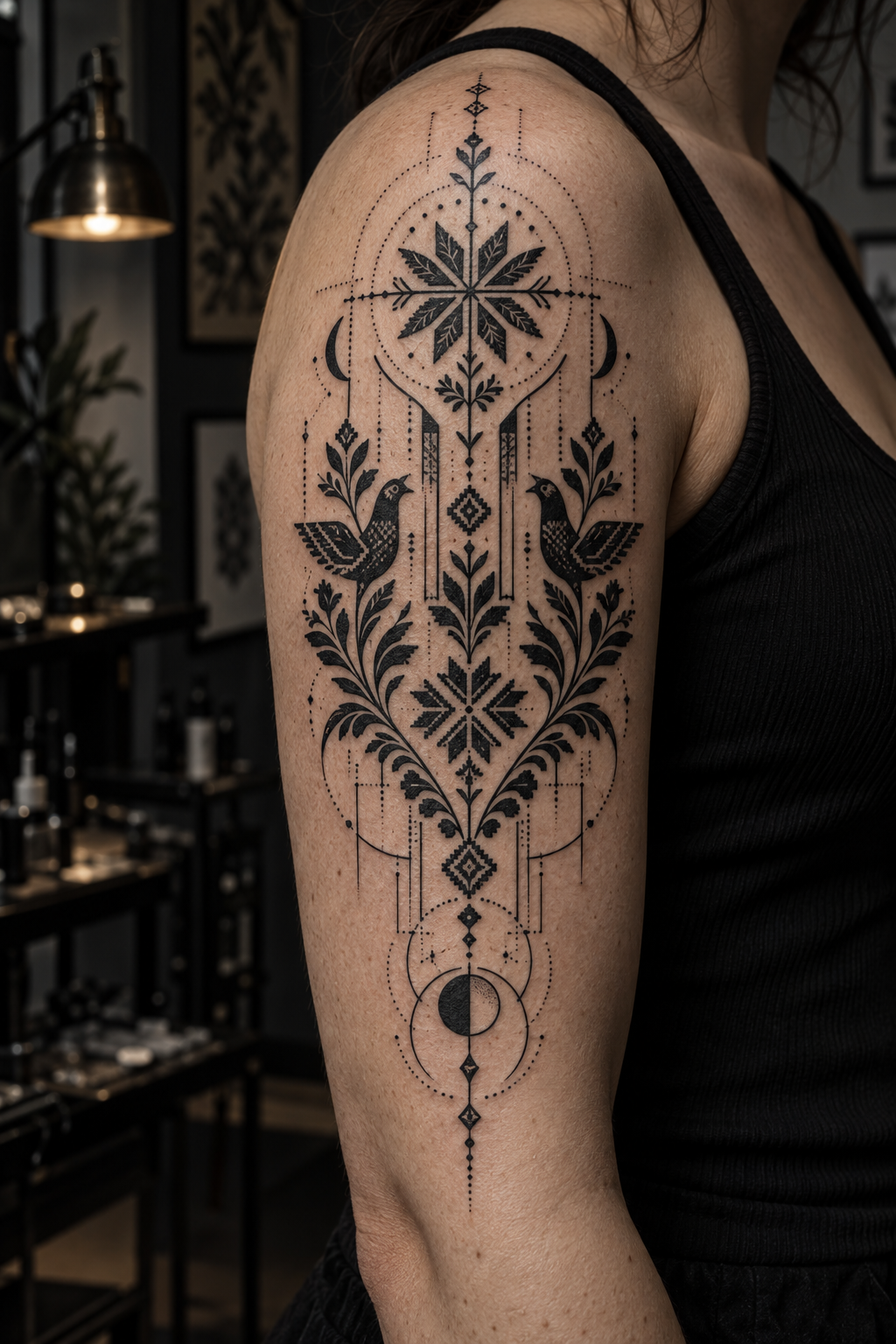 Layered folk geometry cyber folk tattoo designs