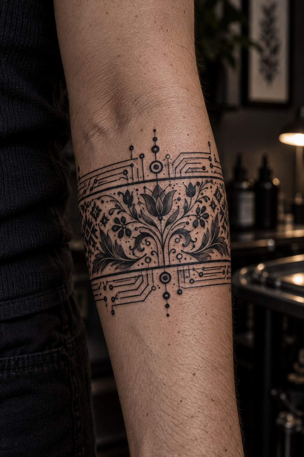 Ornamental circuit band cyber folk tattoo designs