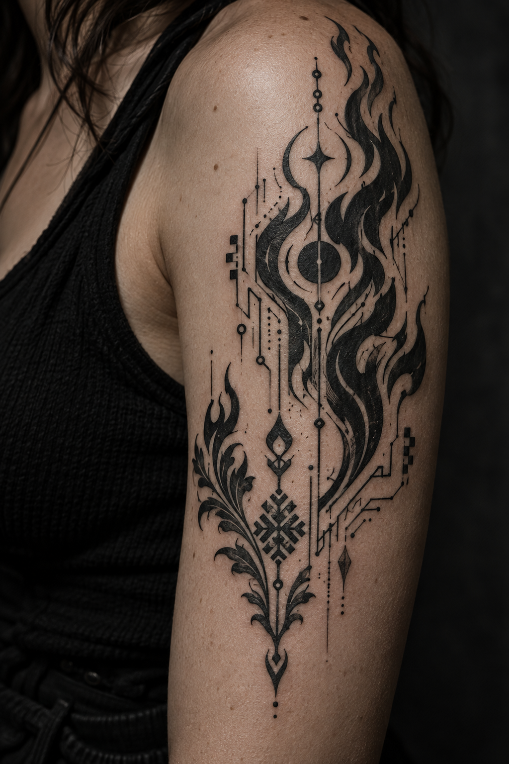 Abstract digital flame cyber folk tattoo designs