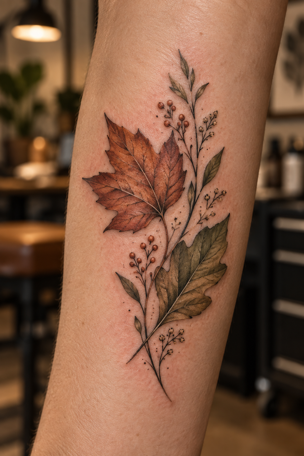 Leaf and Botanical Pairing maple leaf tattoo idea