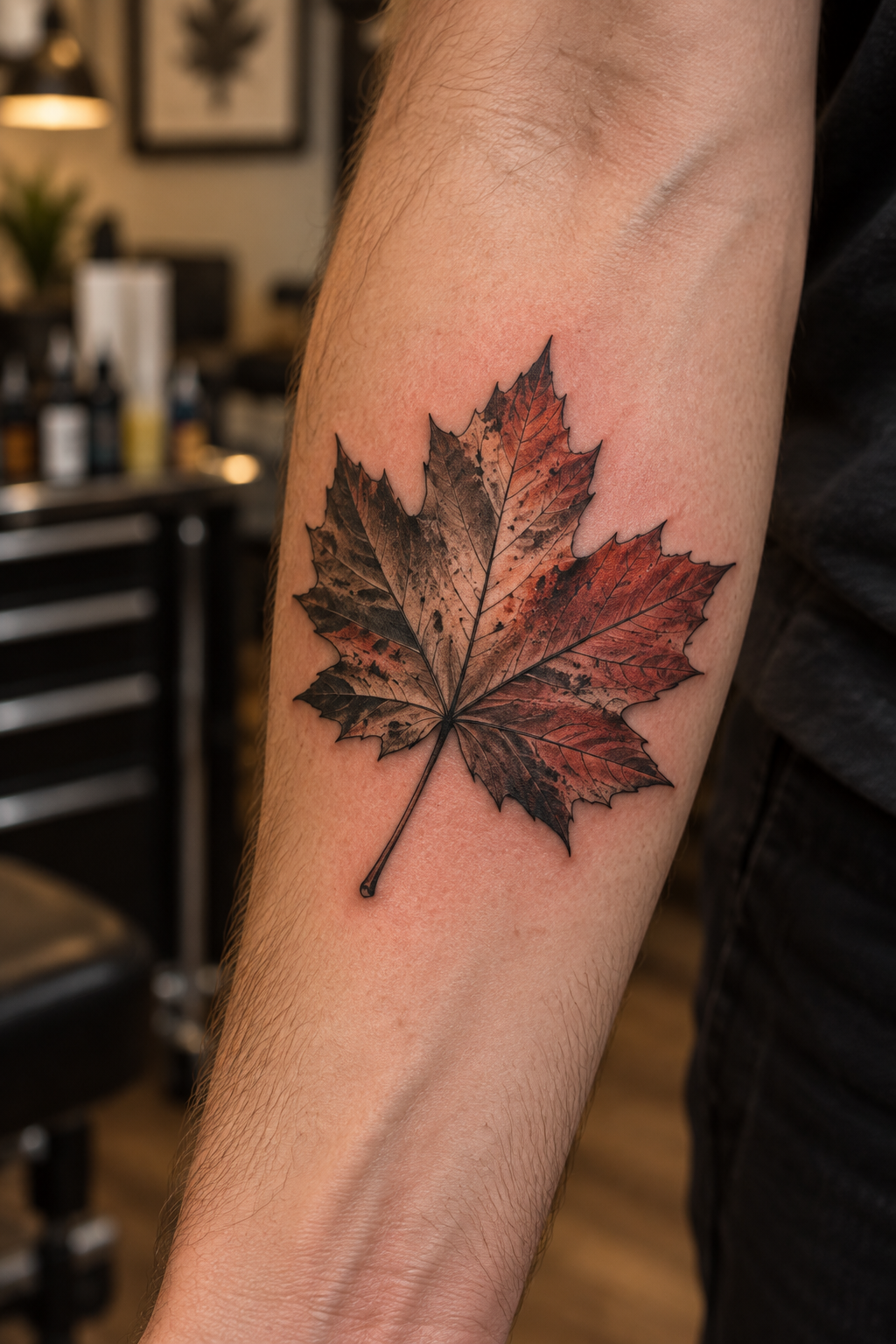 Maple Leaf on the Forearm maple leaf tattoo idea