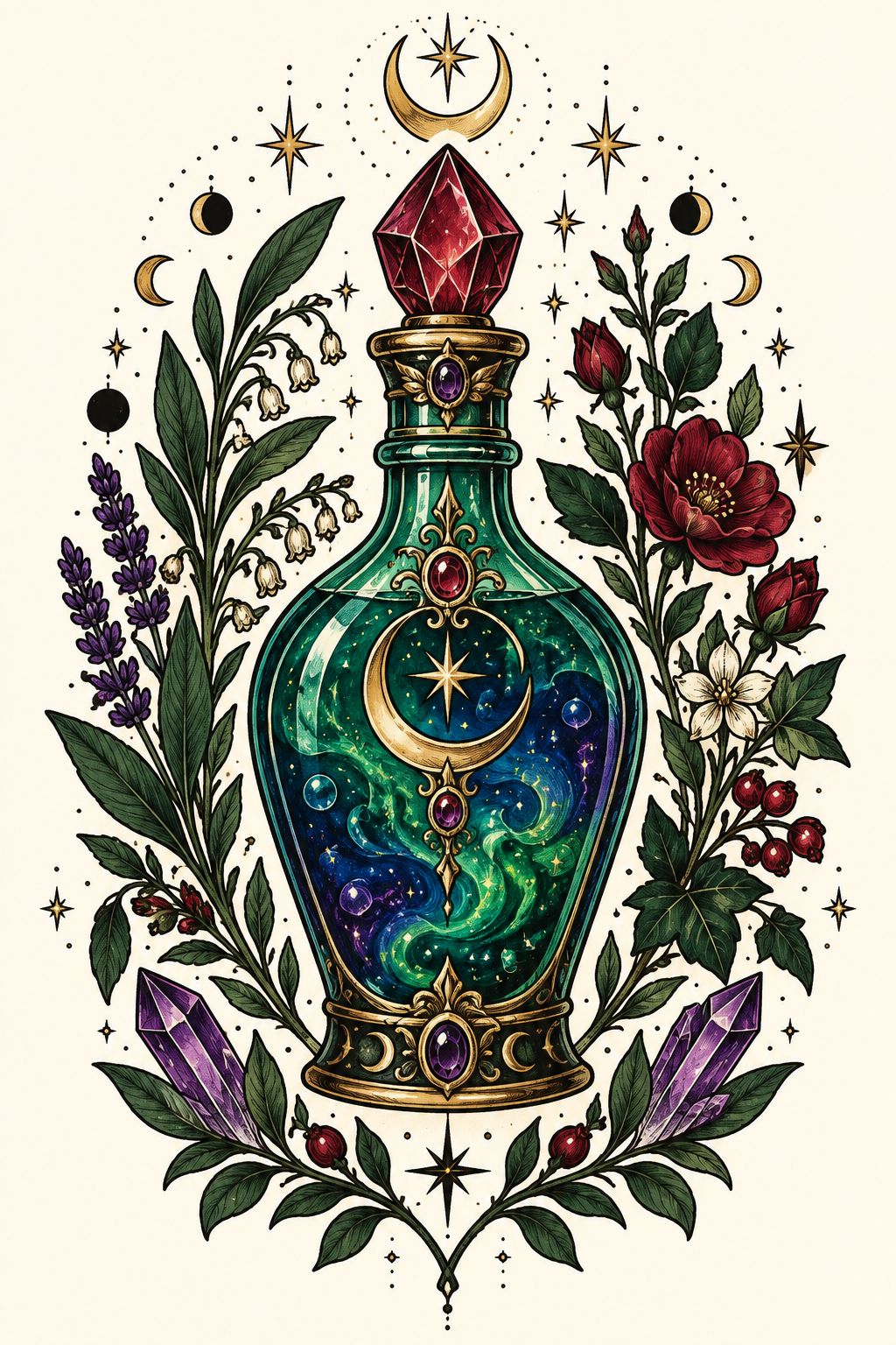 Crystal-filled bottle potion bottle tattoo ideas