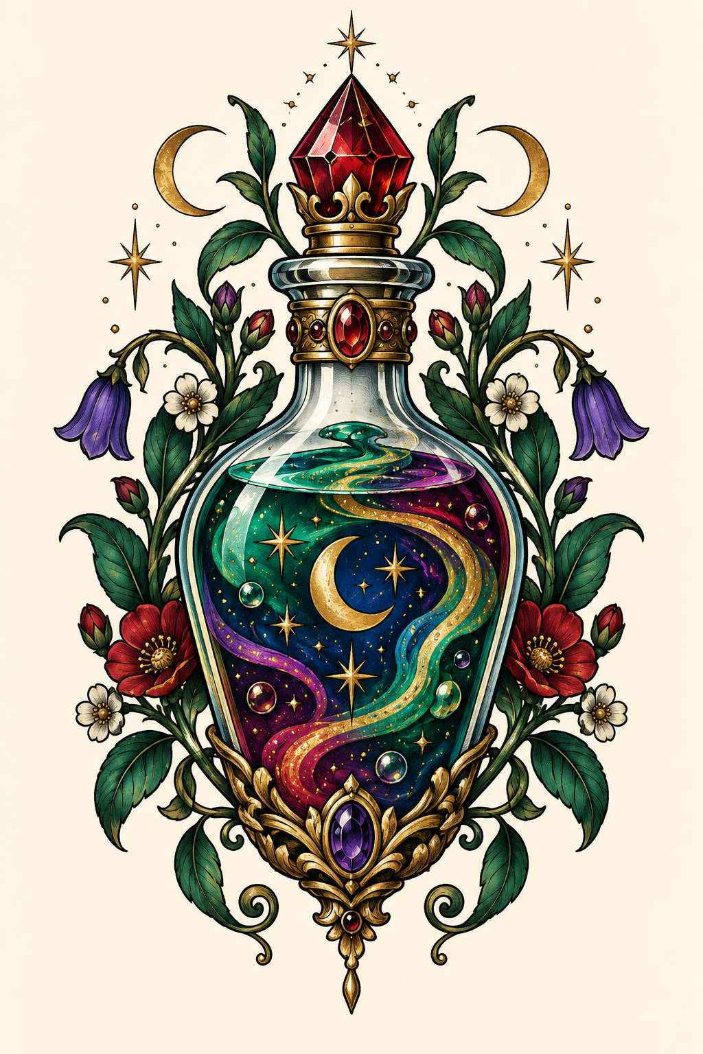 Botanical elixir potion bottle tattoo ideas