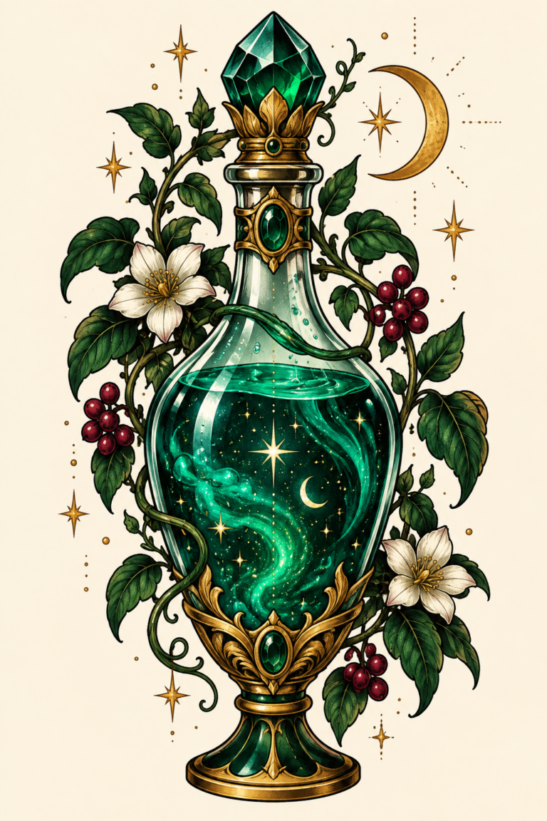 Magical potion bottle tattoo illustration
