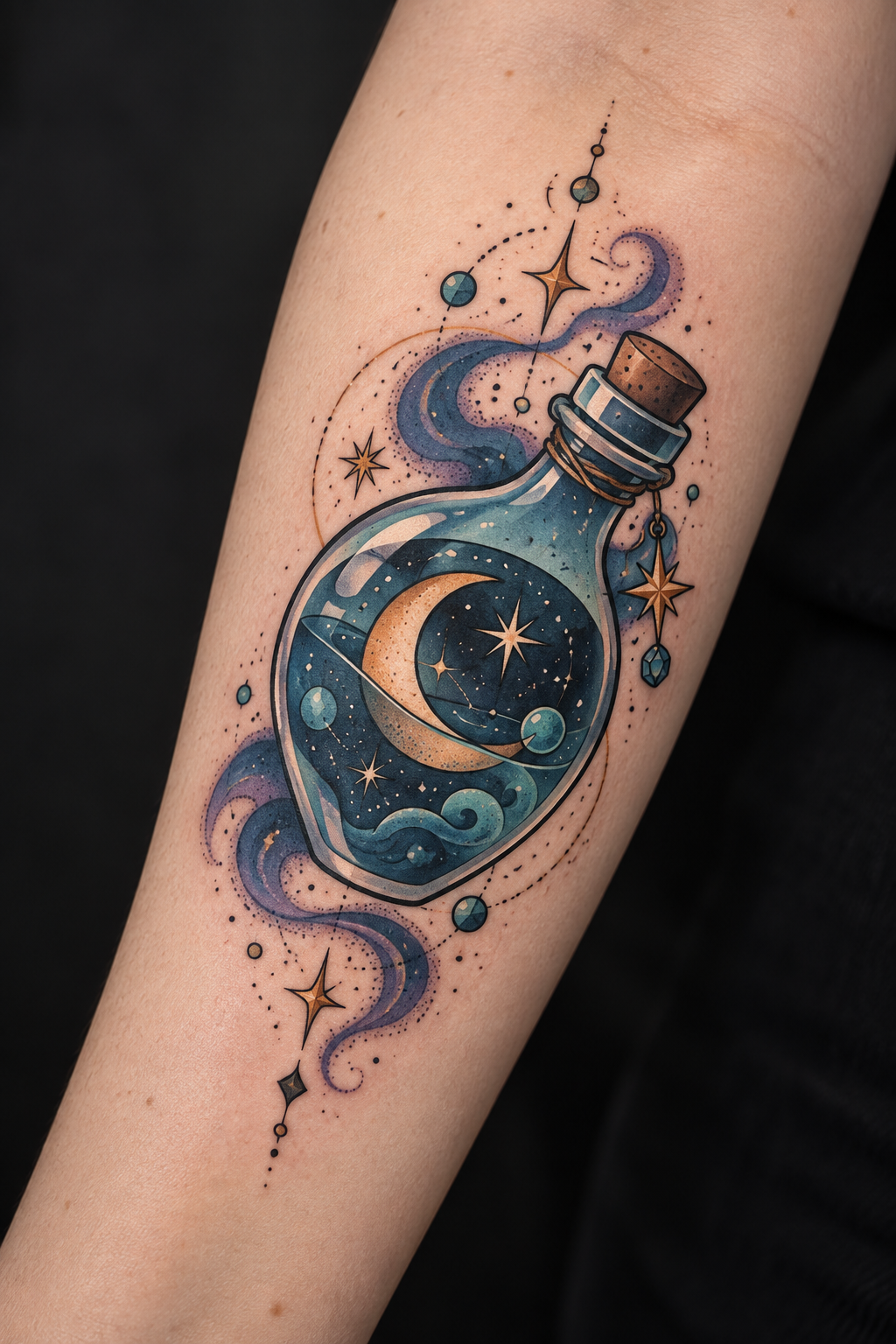 Starry Moon Bottle potion bottle tattoo idea