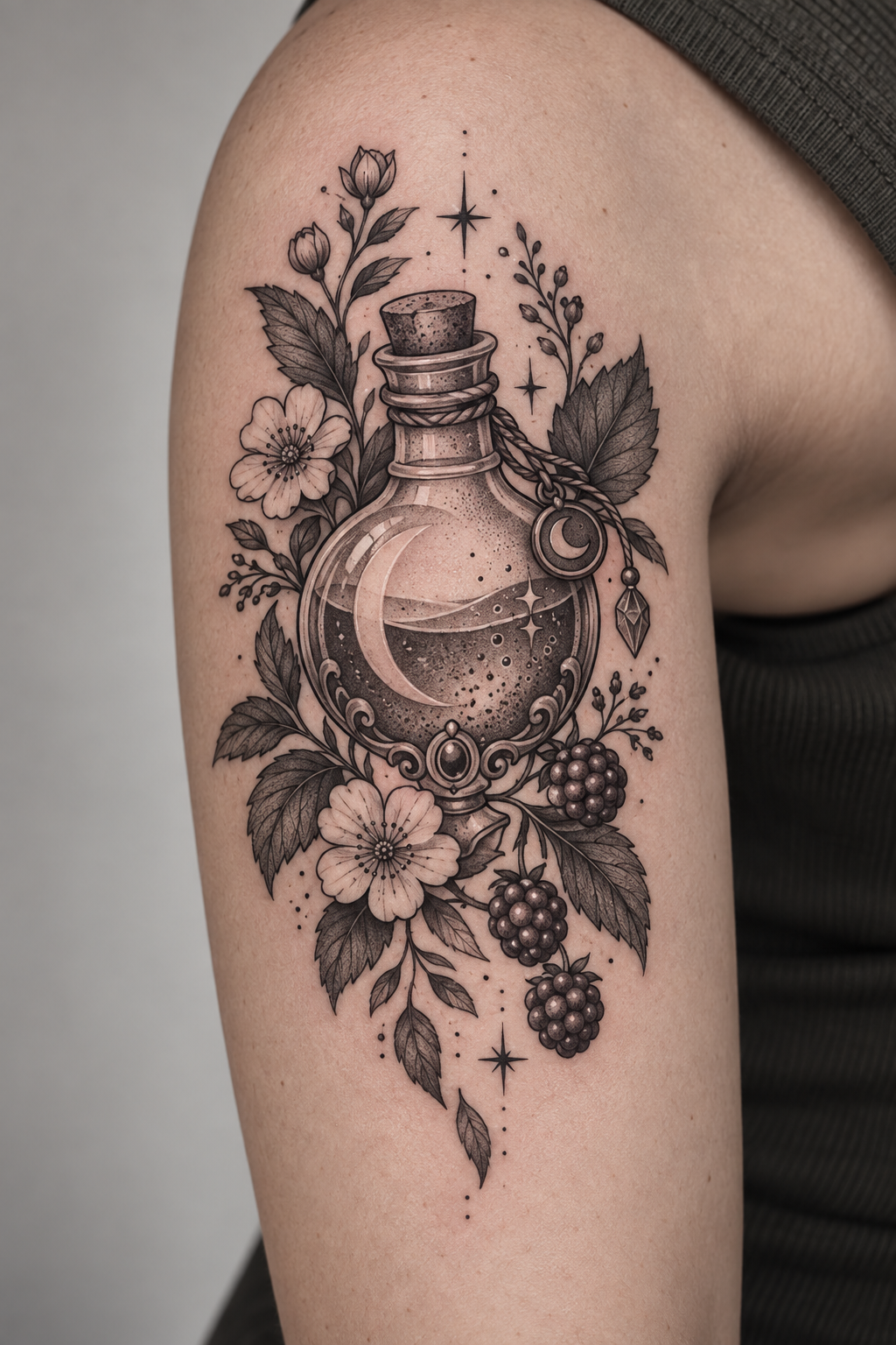 Floral Spell Bottle potion bottle tattoo idea