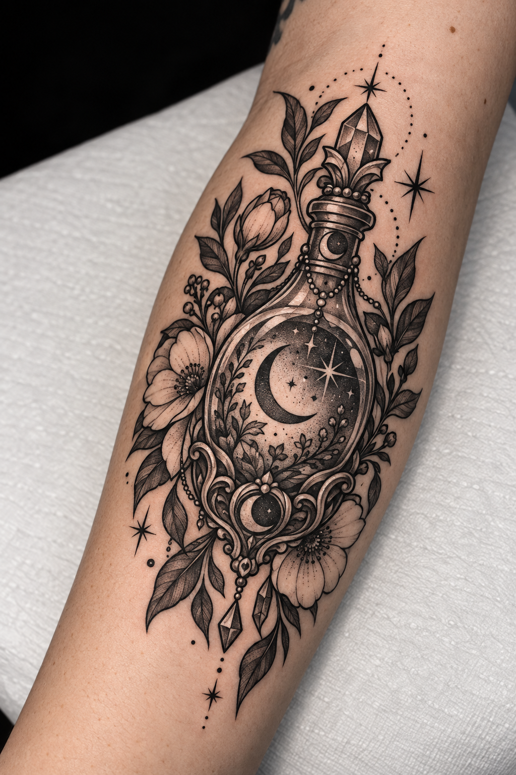 Ornate Moon Bottle potion bottle tattoo idea