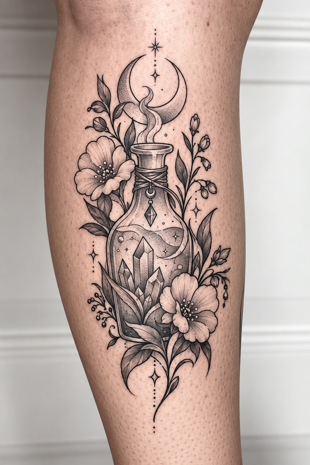 Moon and Flower Bottle potion bottle tattoo idea