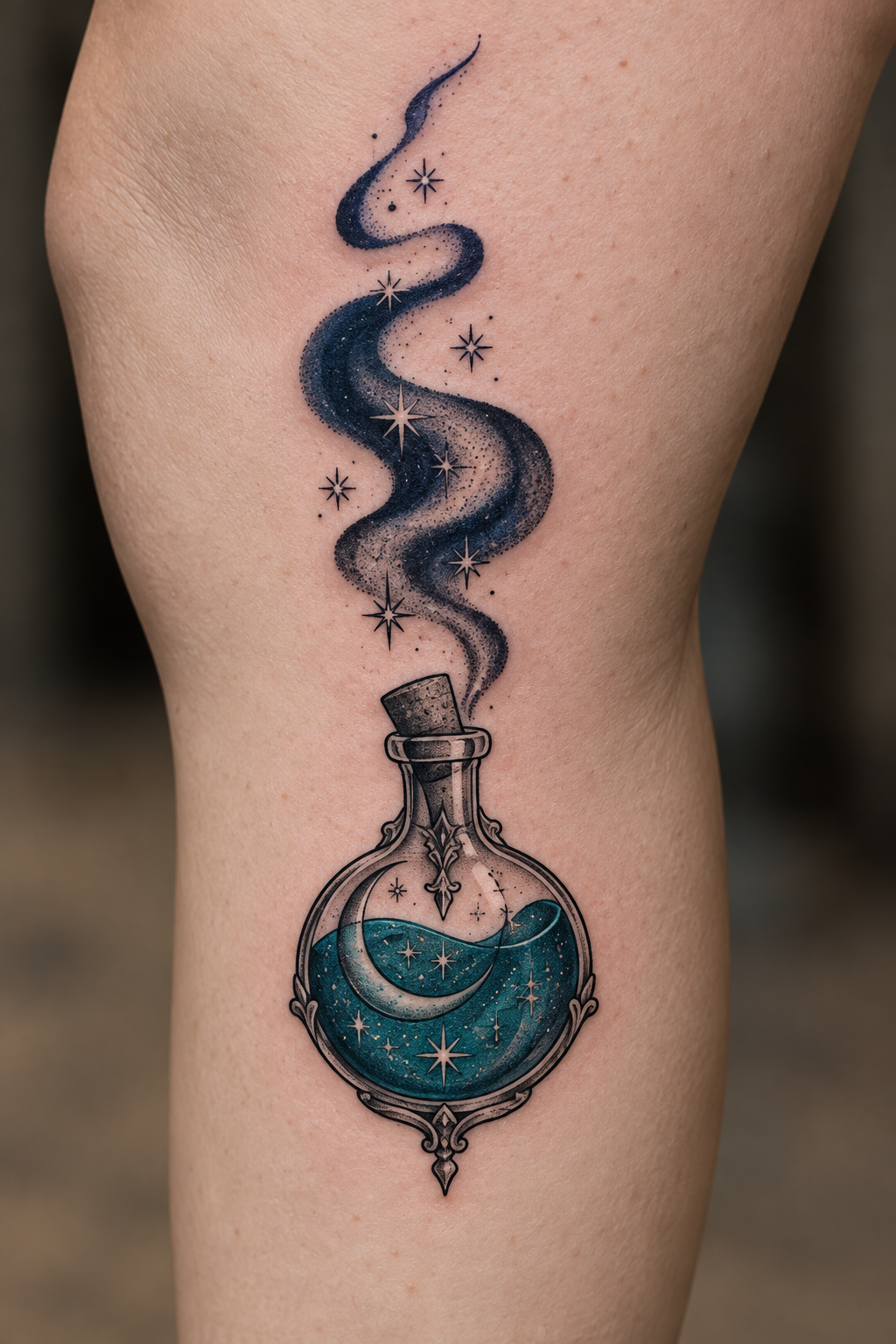 Blue Smoke Bottle potion bottle tattoo idea