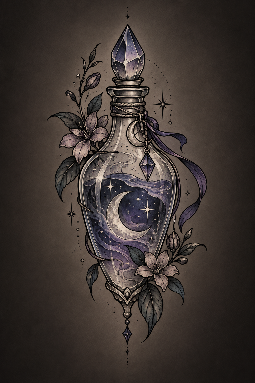 Potion bottle tattoo ideas with a moonlit magical design