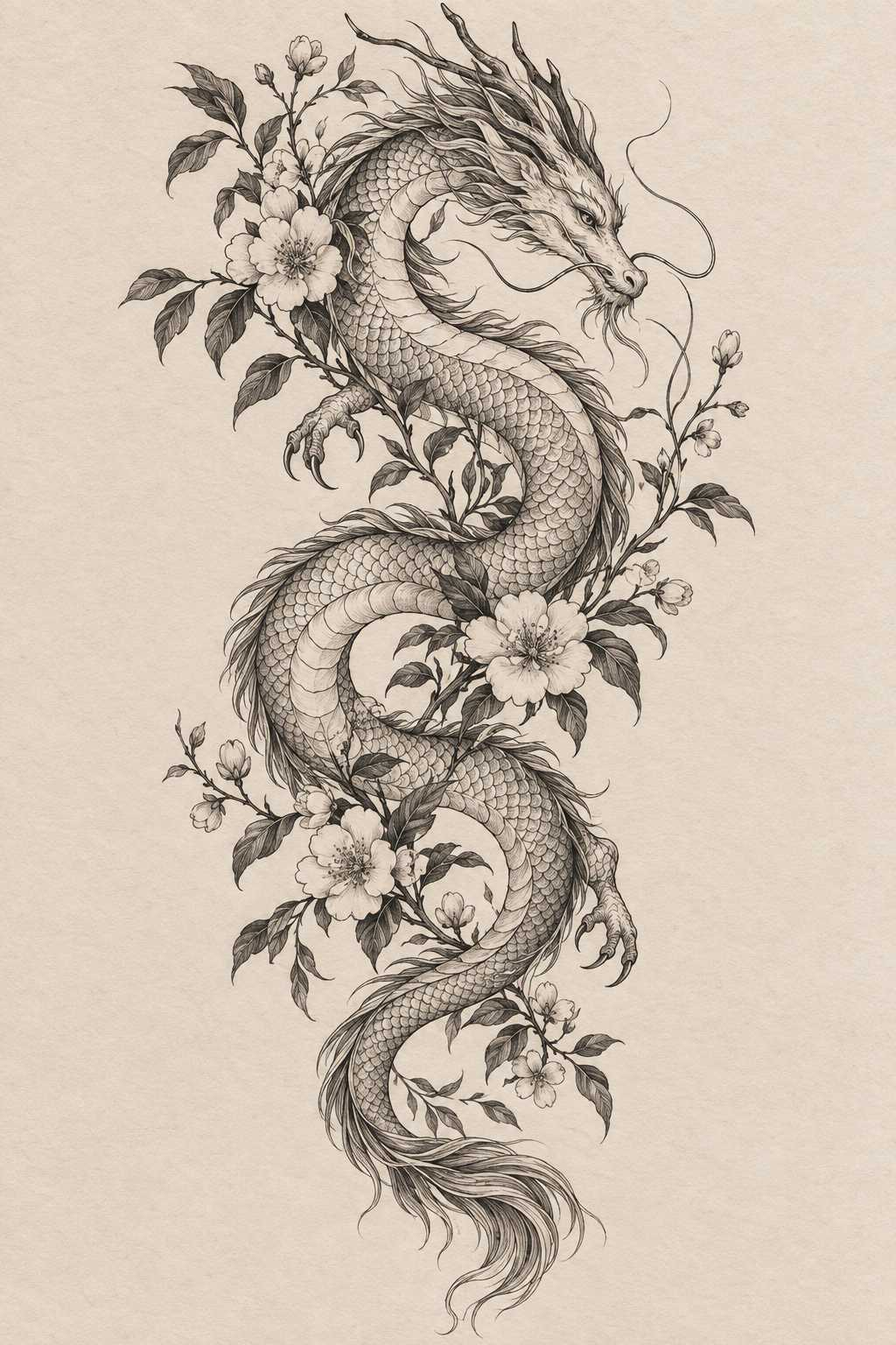 small dragon tattoos: dragon with botanical detail
