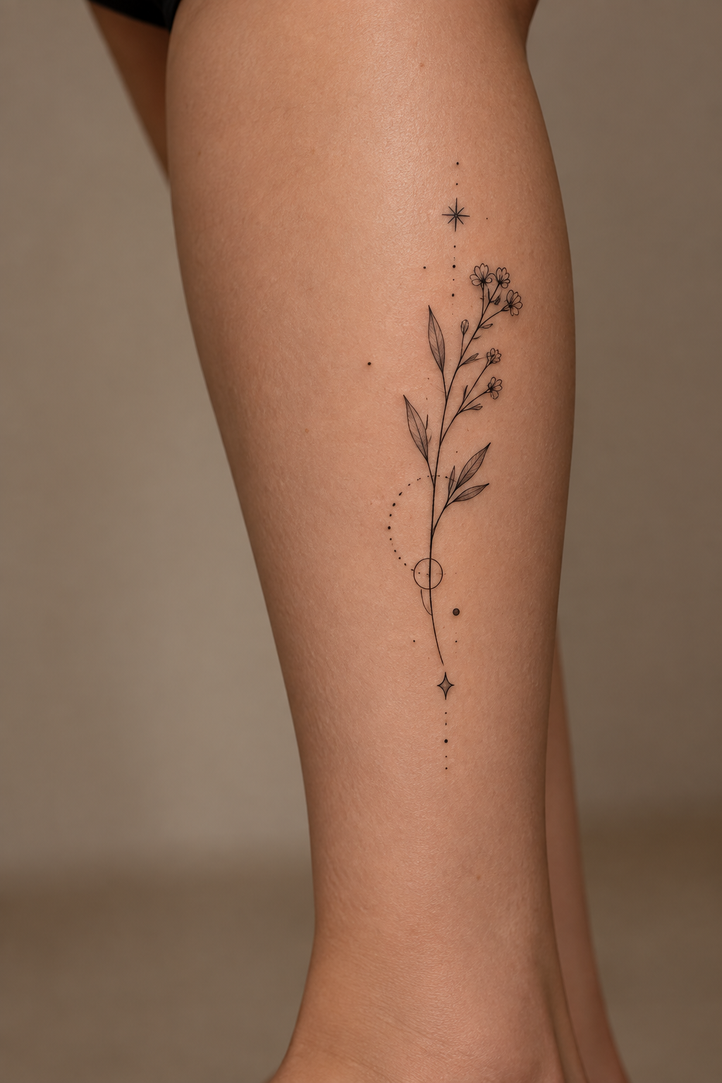 Fine-Line Florals small leg tattoo idea