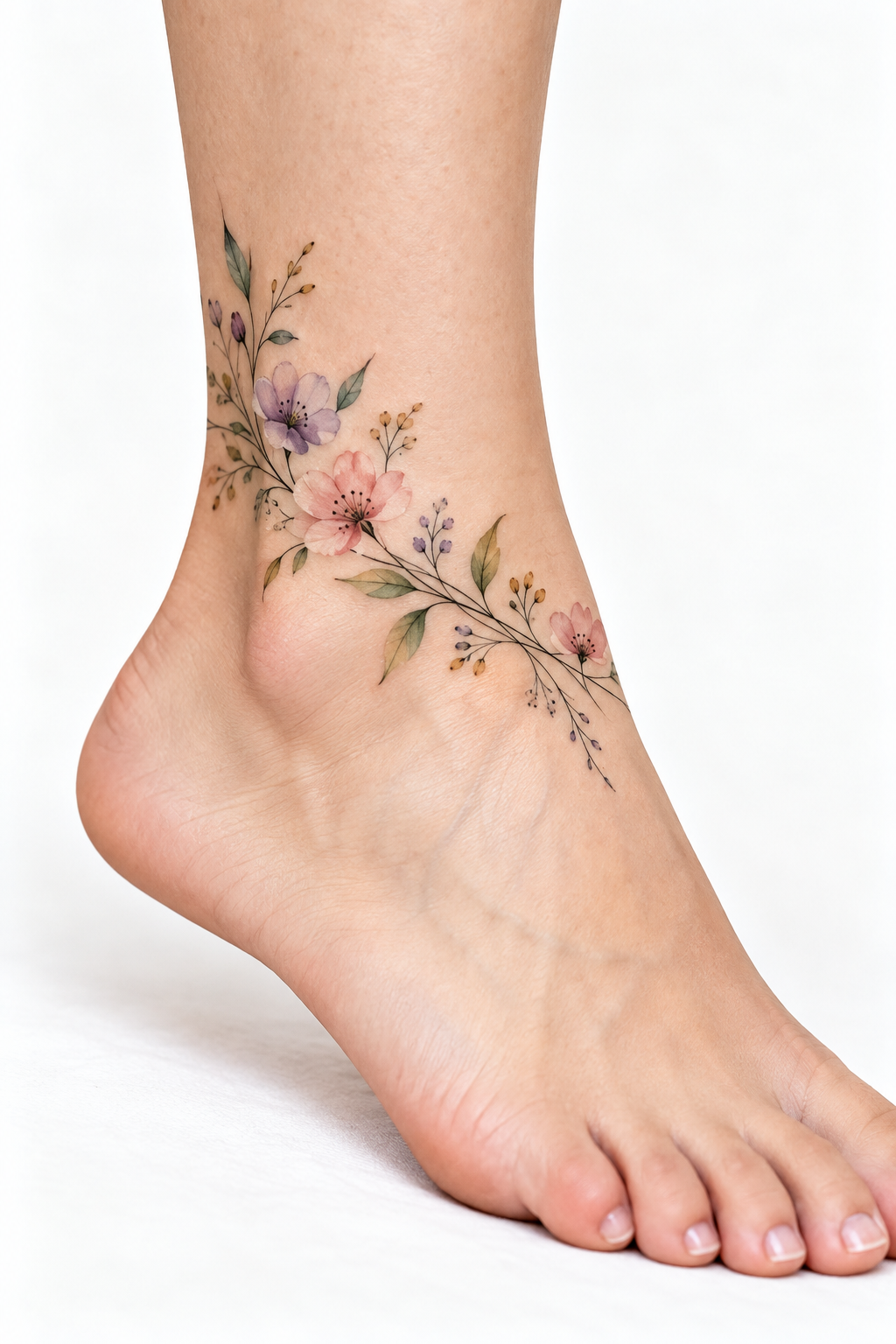 watercolor flower ankle tattoo small ankle tattoo idea