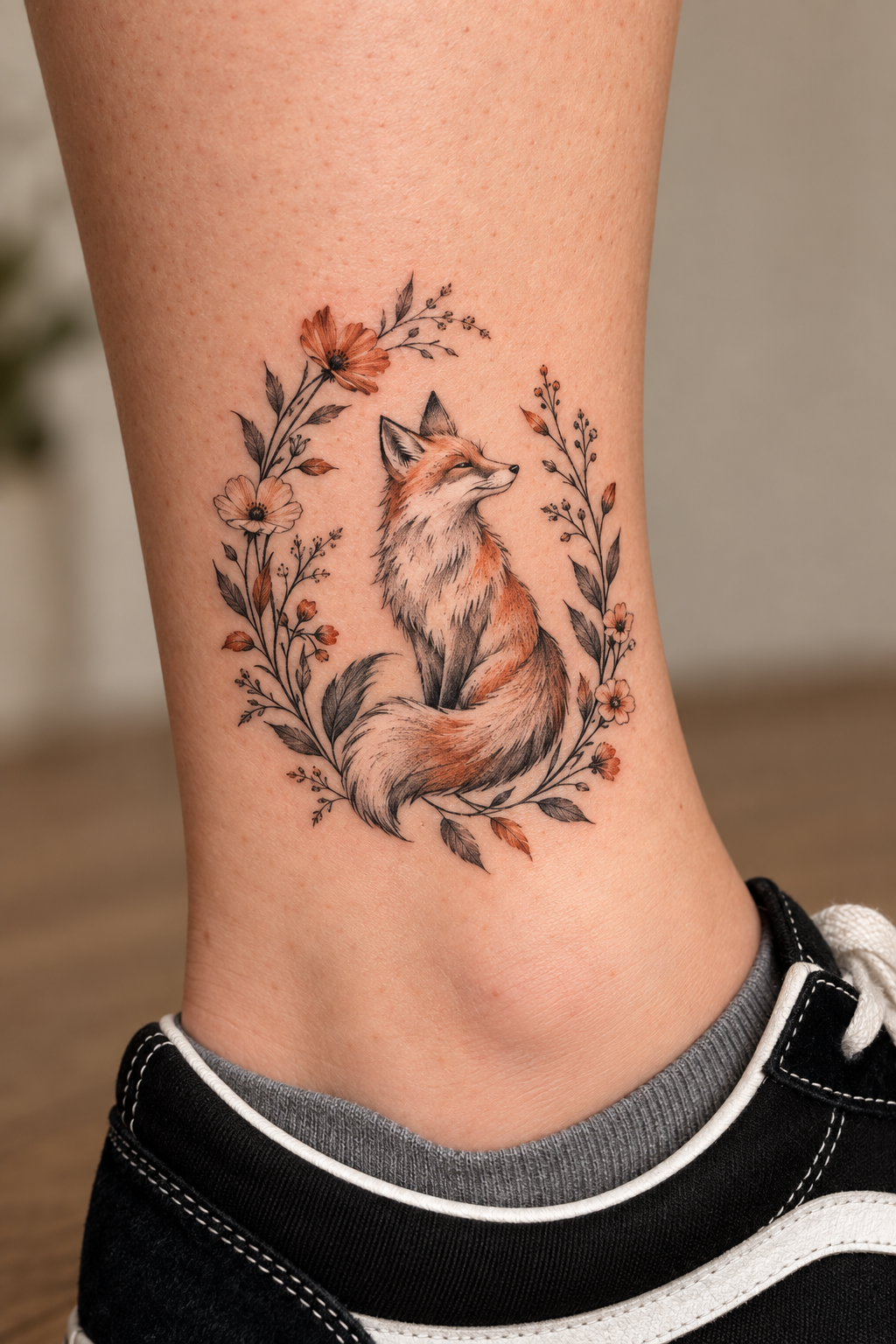 Fox in a Floral Wreath tiny fox tattoo idea