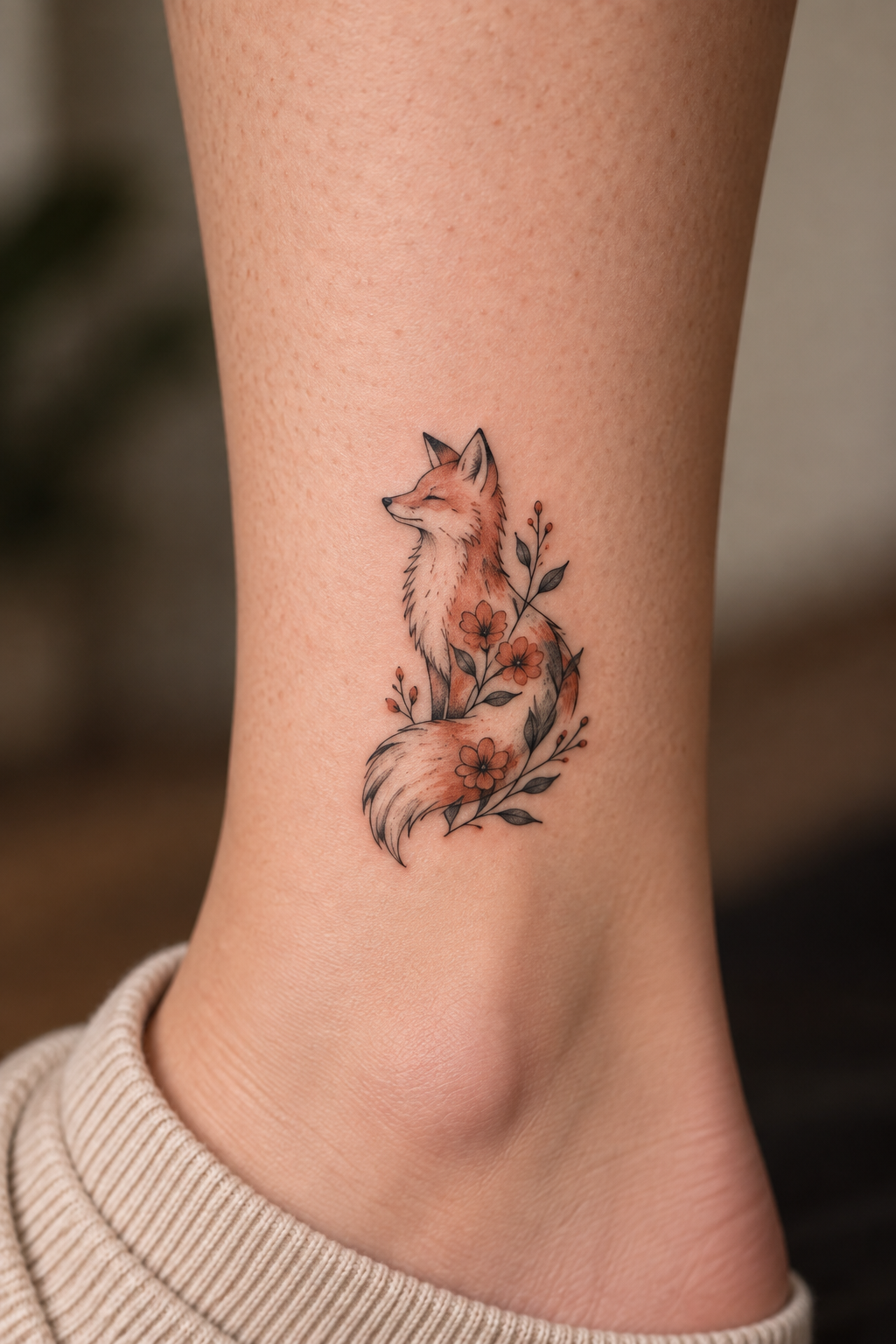 Floral-Filled Tiny Fox Tattoos tiny fox tattoo idea