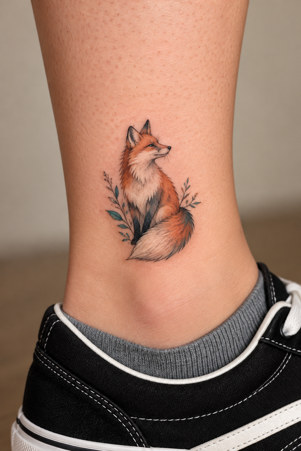 Colored Fox Ankle Art tiny fox tattoo idea