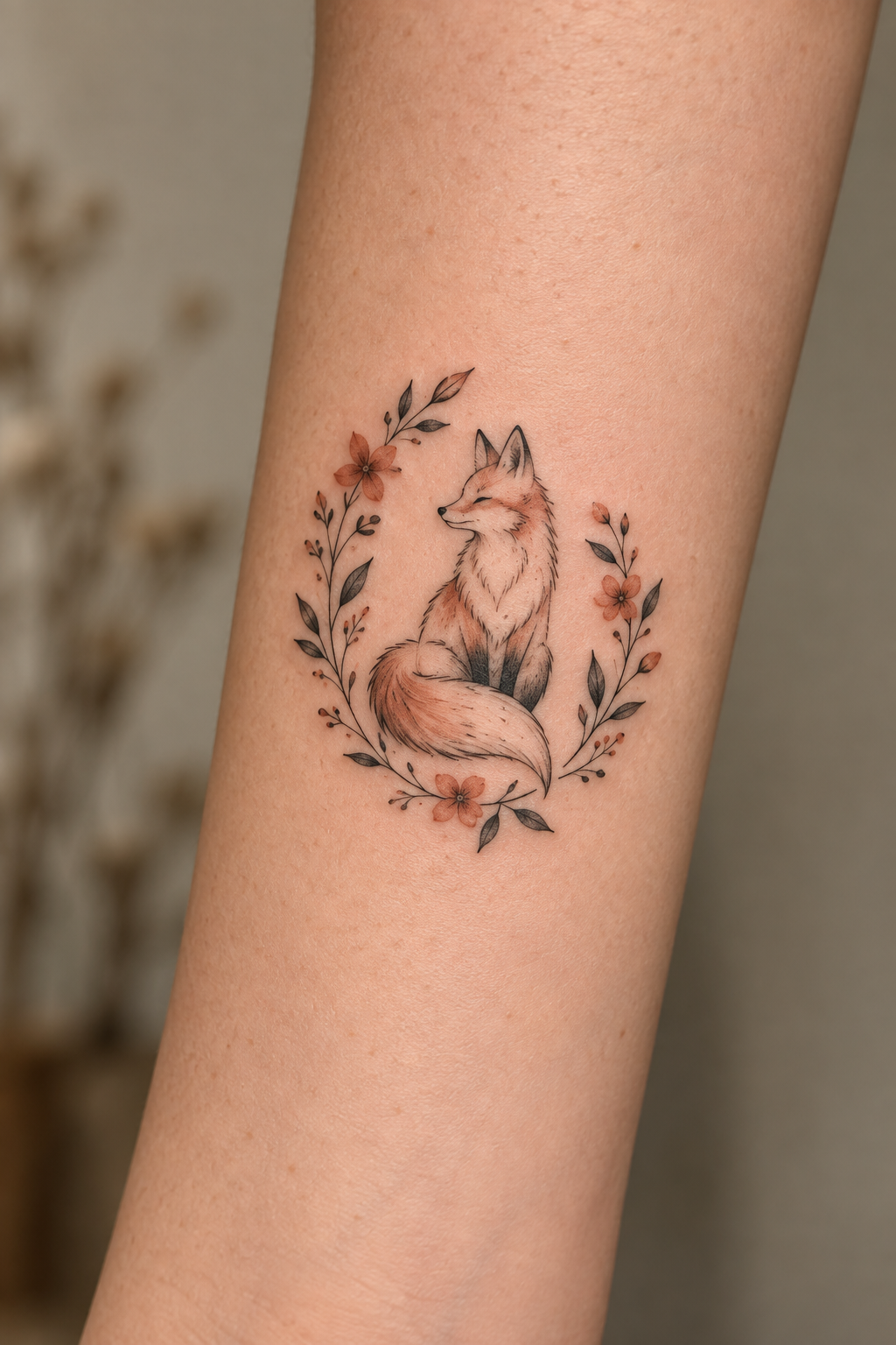 Fox in a Floral Wreath tiny fox tattoo idea