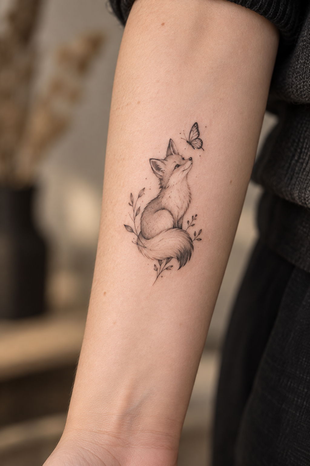 Fox and Butterfly tiny fox tattoo idea