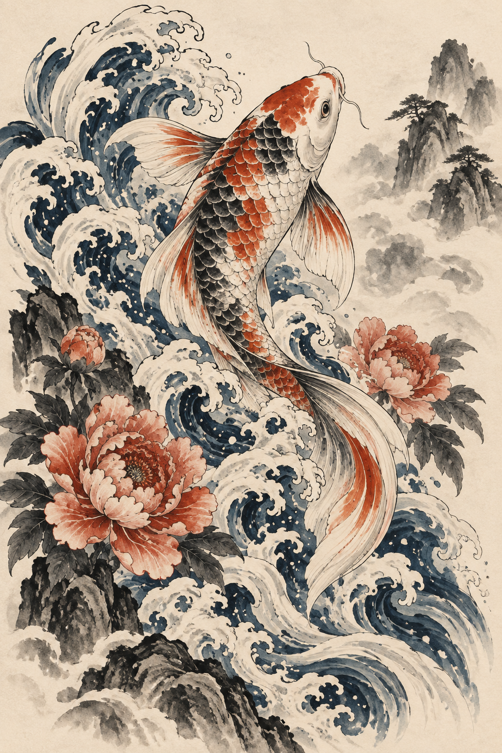 Koi and Waves Chinese art tattoo idea