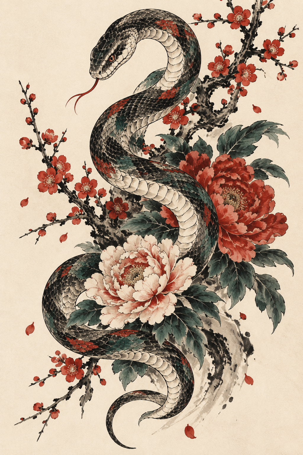 Serpent and Blossom Chinese art tattoo idea