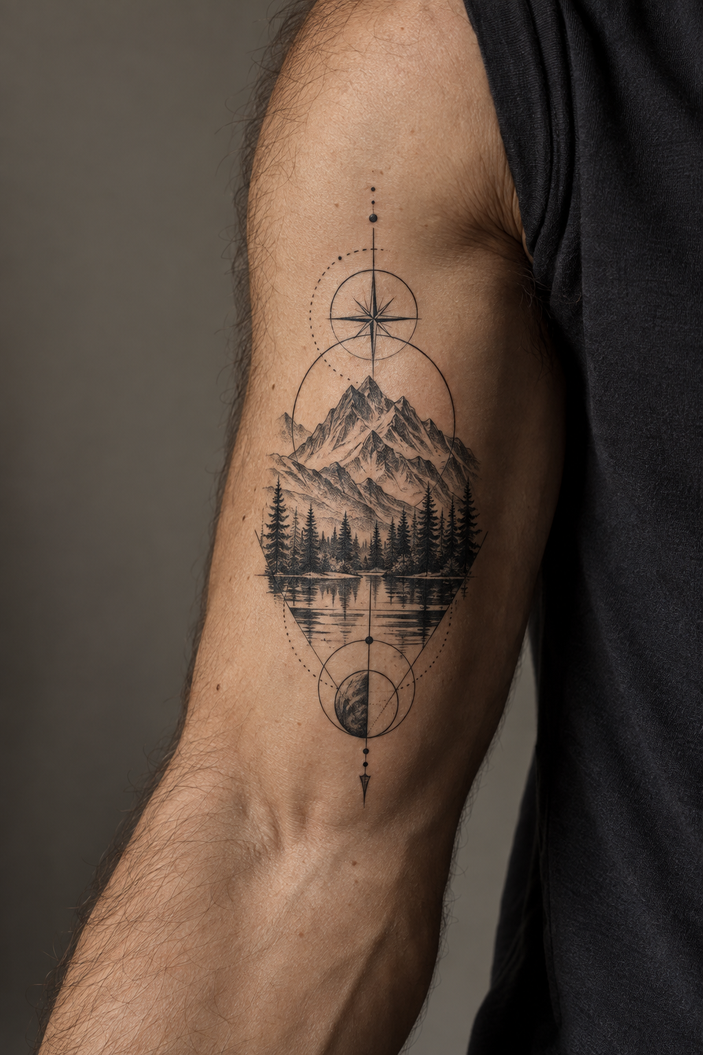 Geometric balance meaningful inner bicep tattoos for men idea