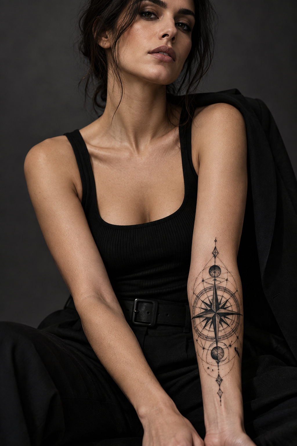 Blackwork compass mens forearm tattoo design idea