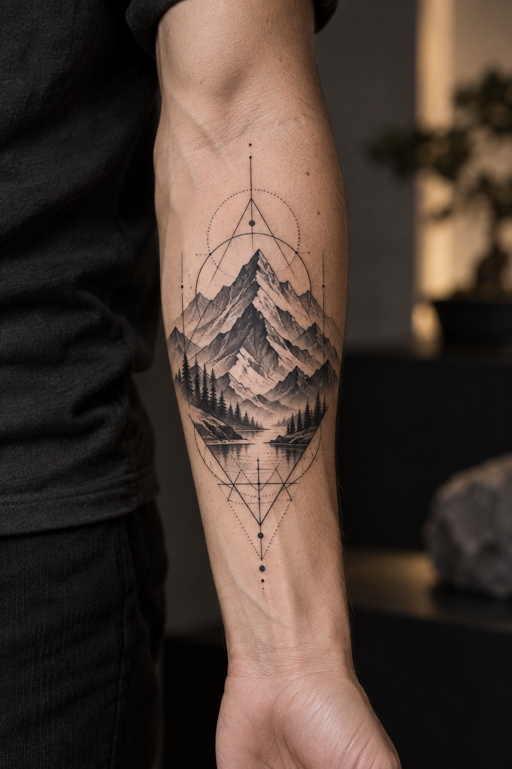 Geometric mountain mens forearm tattoo design idea