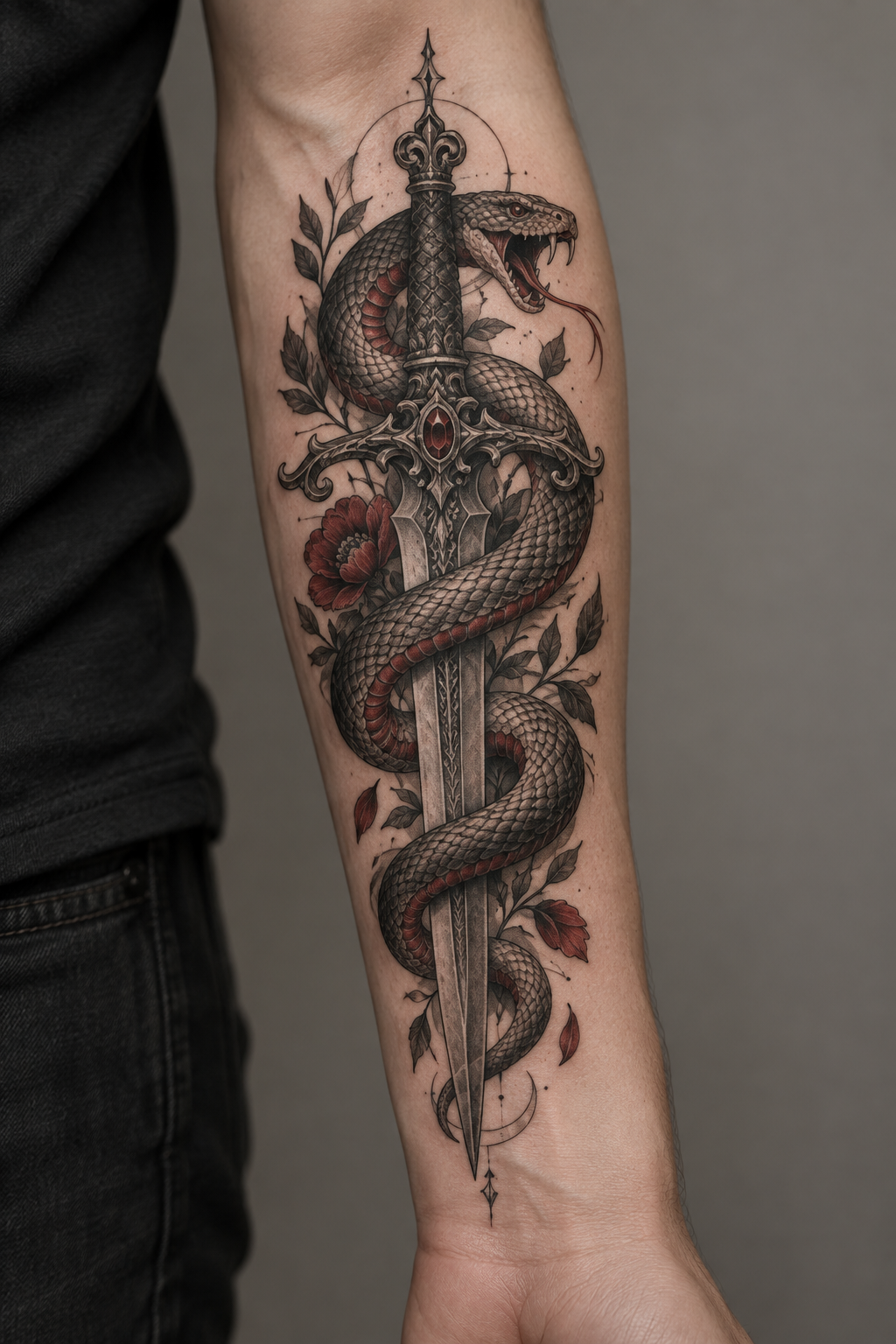 Snake and dagger mens forearm tattoo design idea