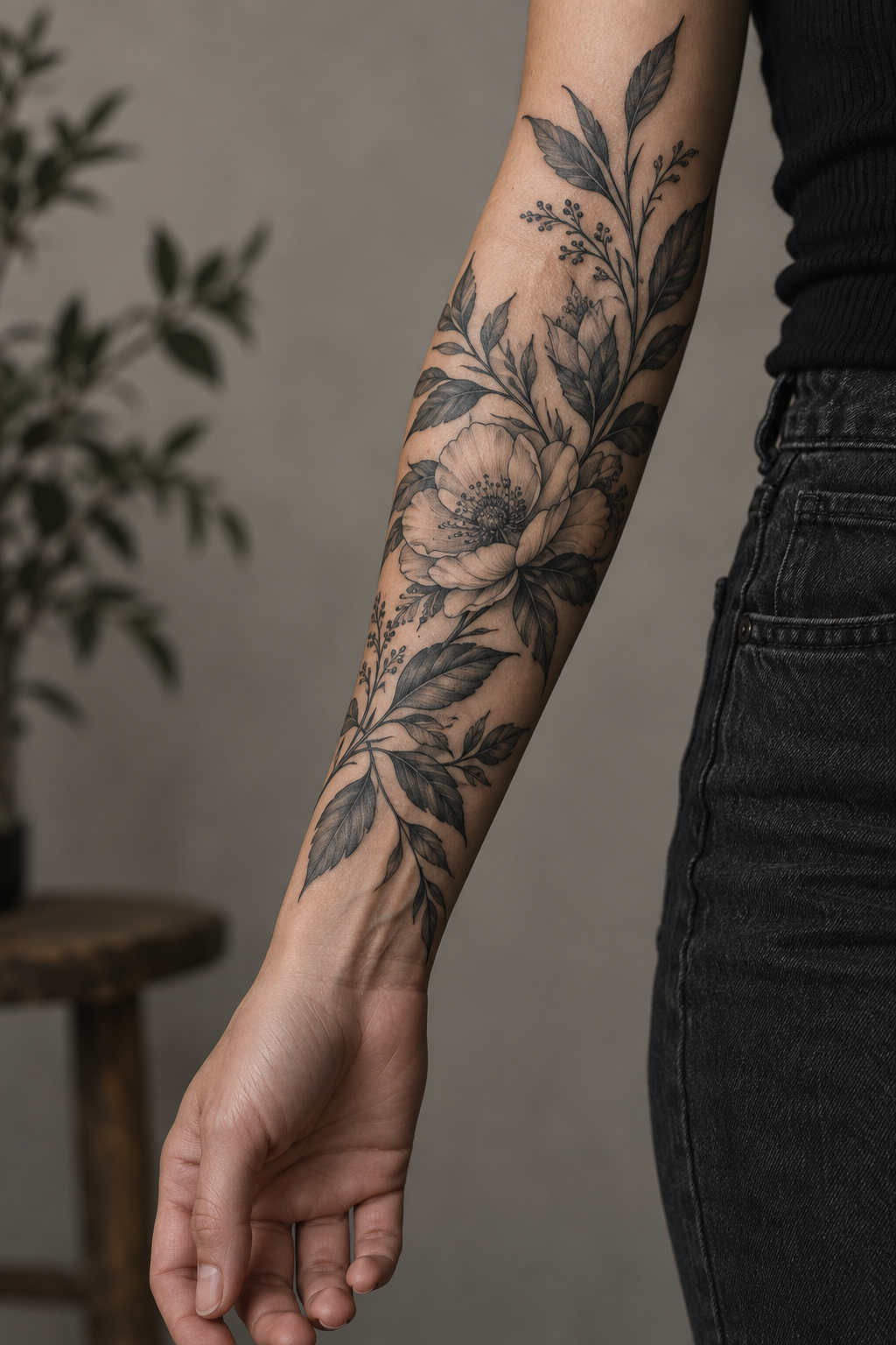 Botanical forearm wrap mens forearm tattoo design idea