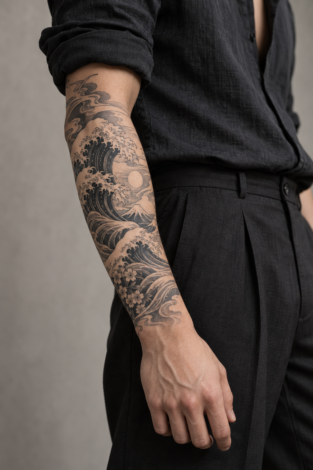 Japanese-inspired waves mens forearm tattoo design idea
