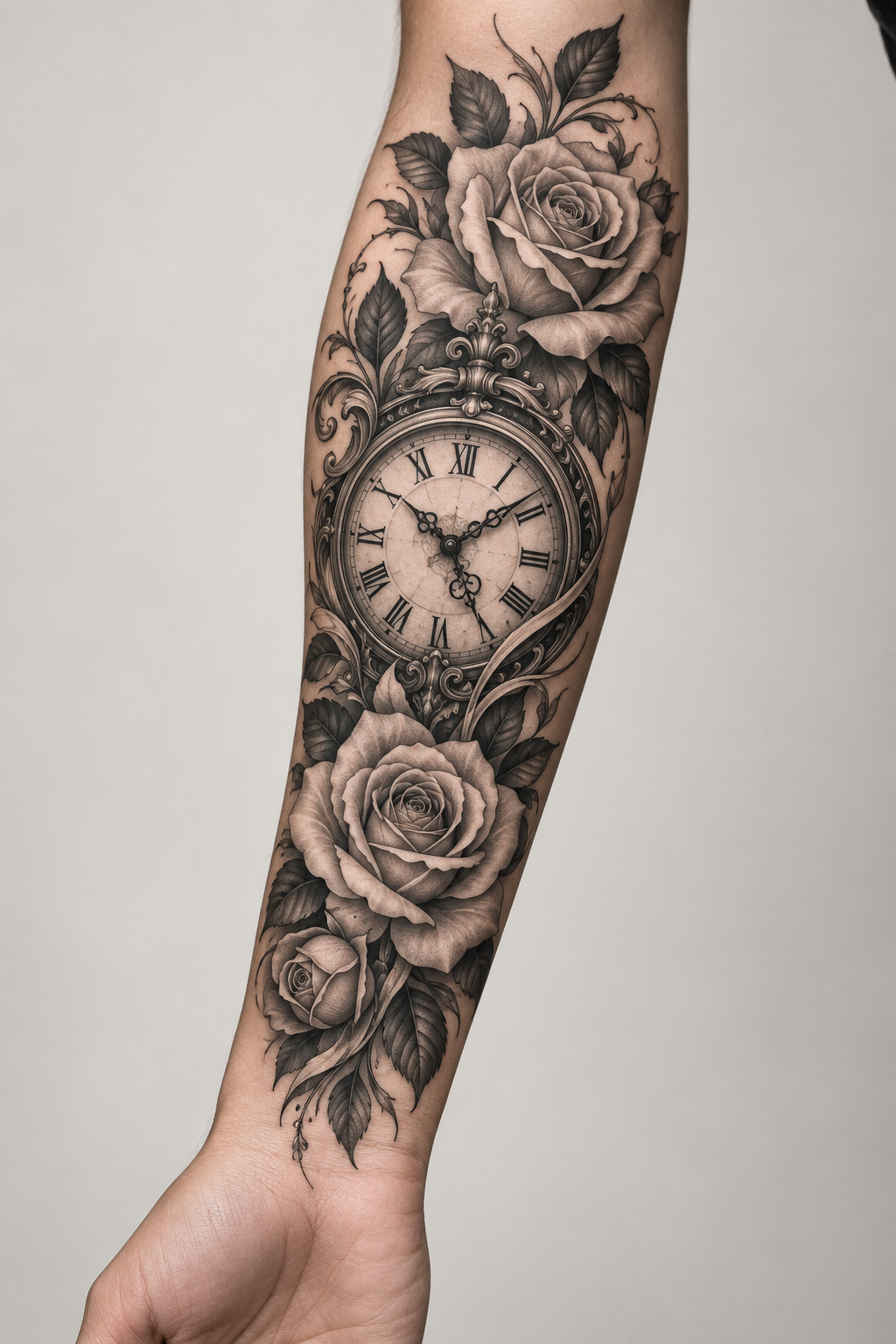 Clock and roses mens forearm tattoo design idea
