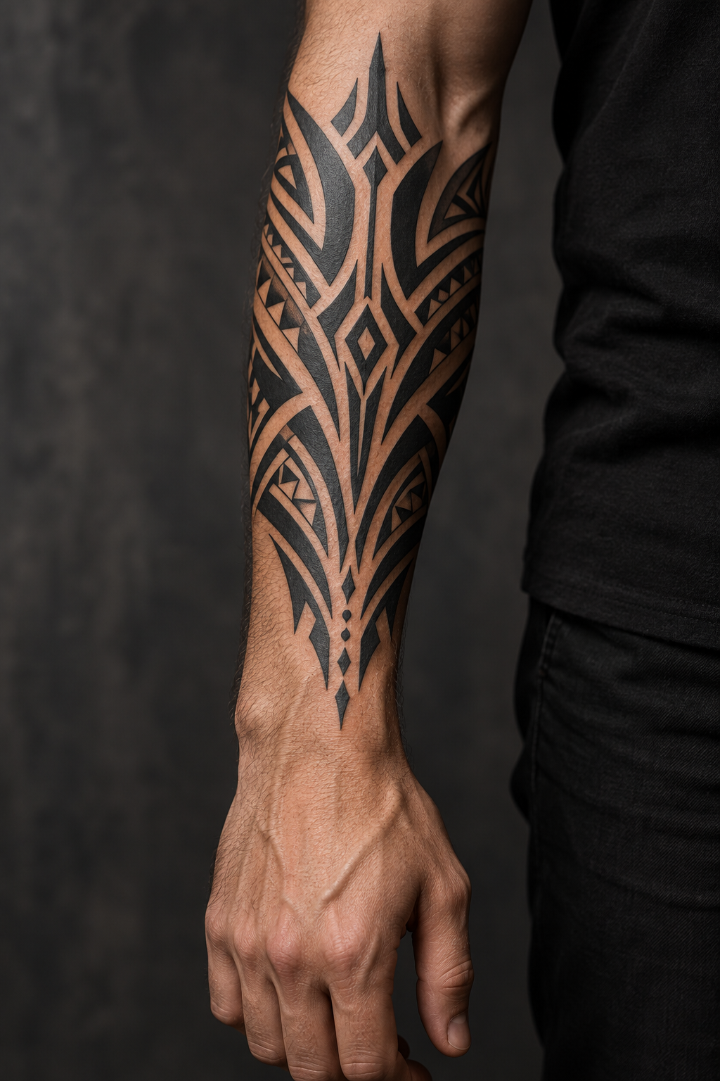 Tribal-inspired geometry mens forearm tattoo design idea