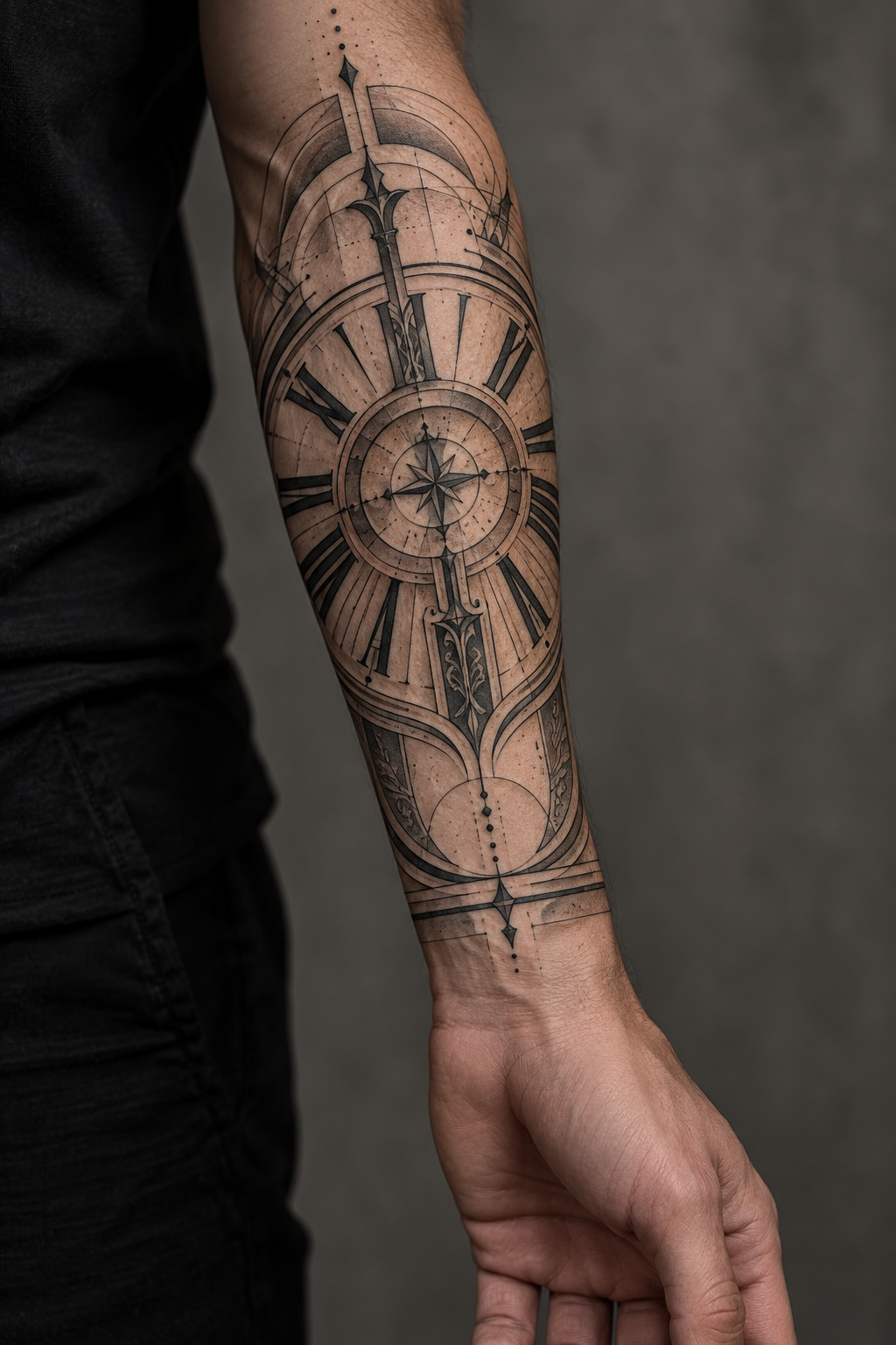 Roman numerals mens forearm tattoo design idea