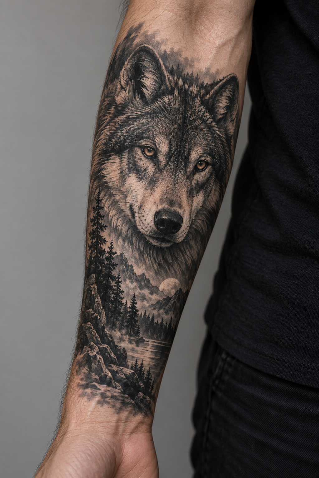 Realistic wolf mens forearm tattoo design idea
