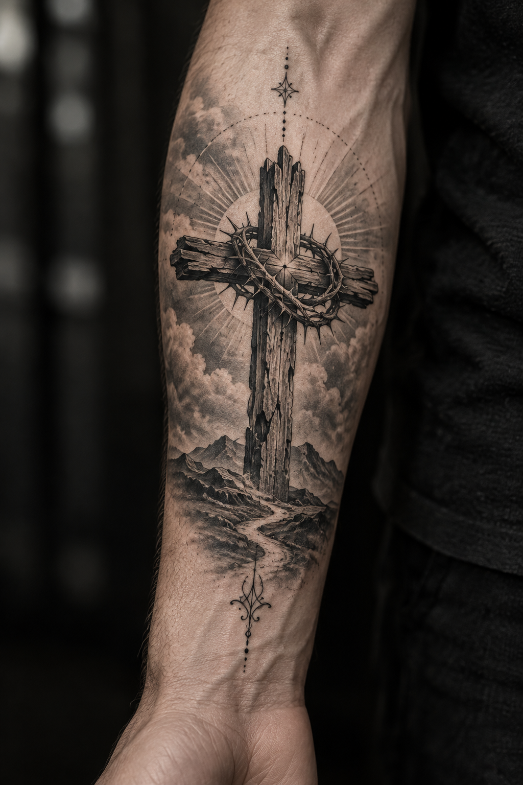Cross and scripture mens forearm tattoo design idea
