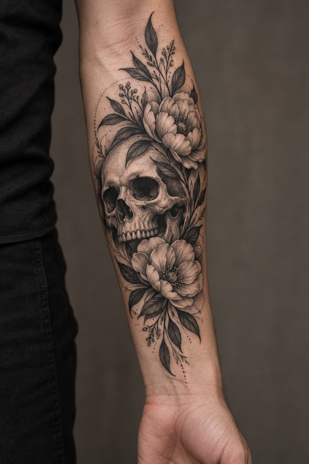 Skull with florals mens forearm tattoo design idea