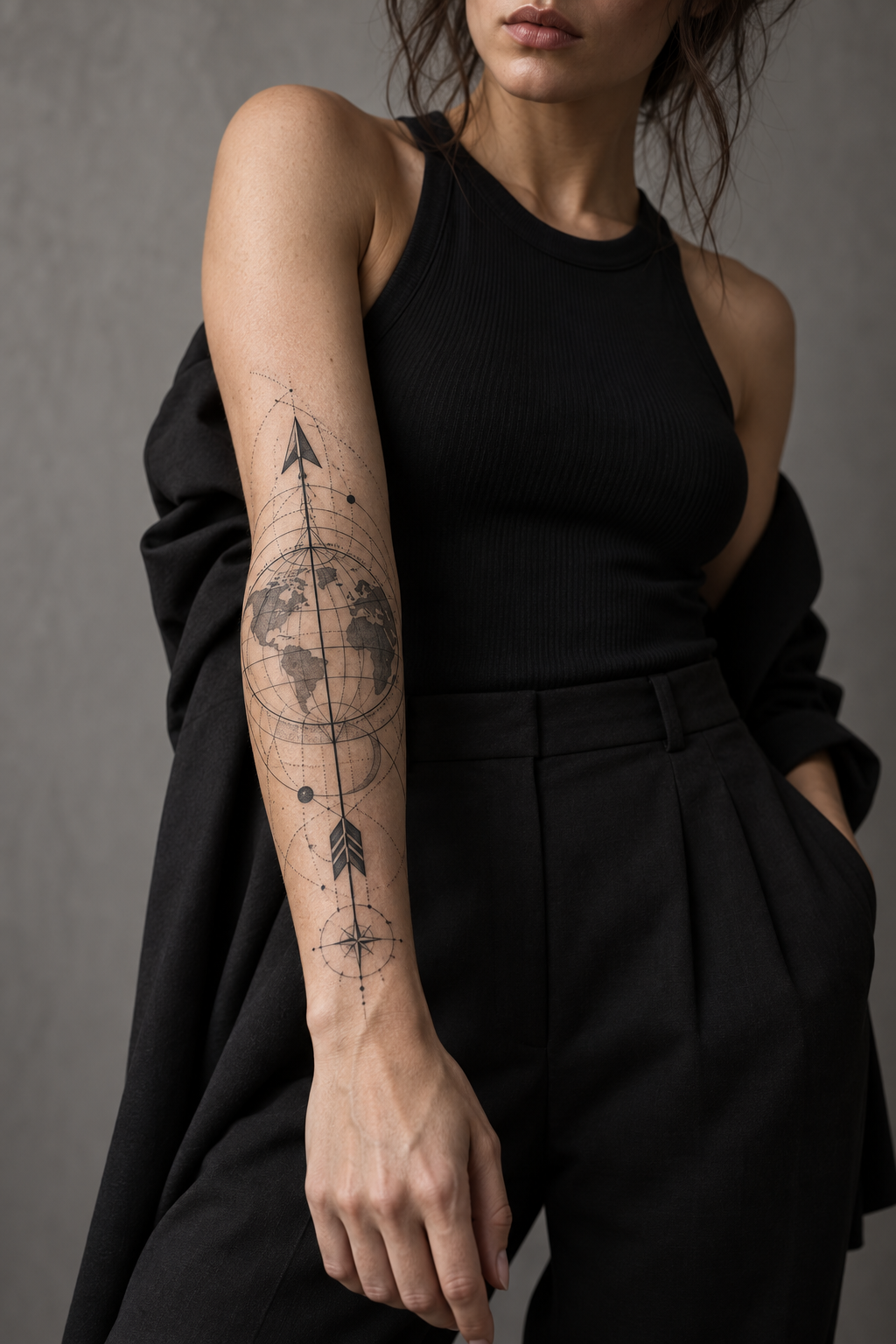 Arrow and coordinates mens forearm tattoo design idea
