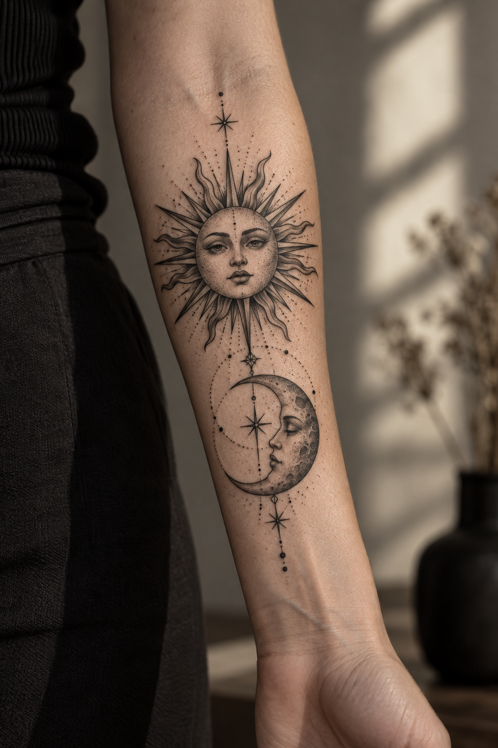 Sun and moon design mens forearm tattoo design idea