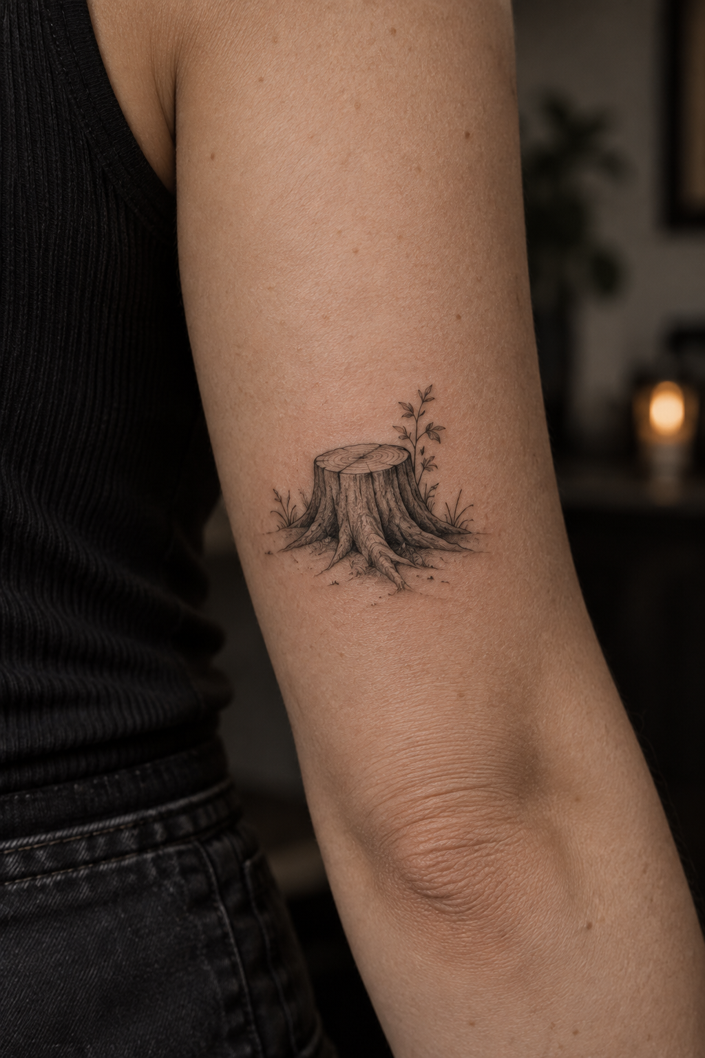 Tiny tree stump mother daughter tattoo idea