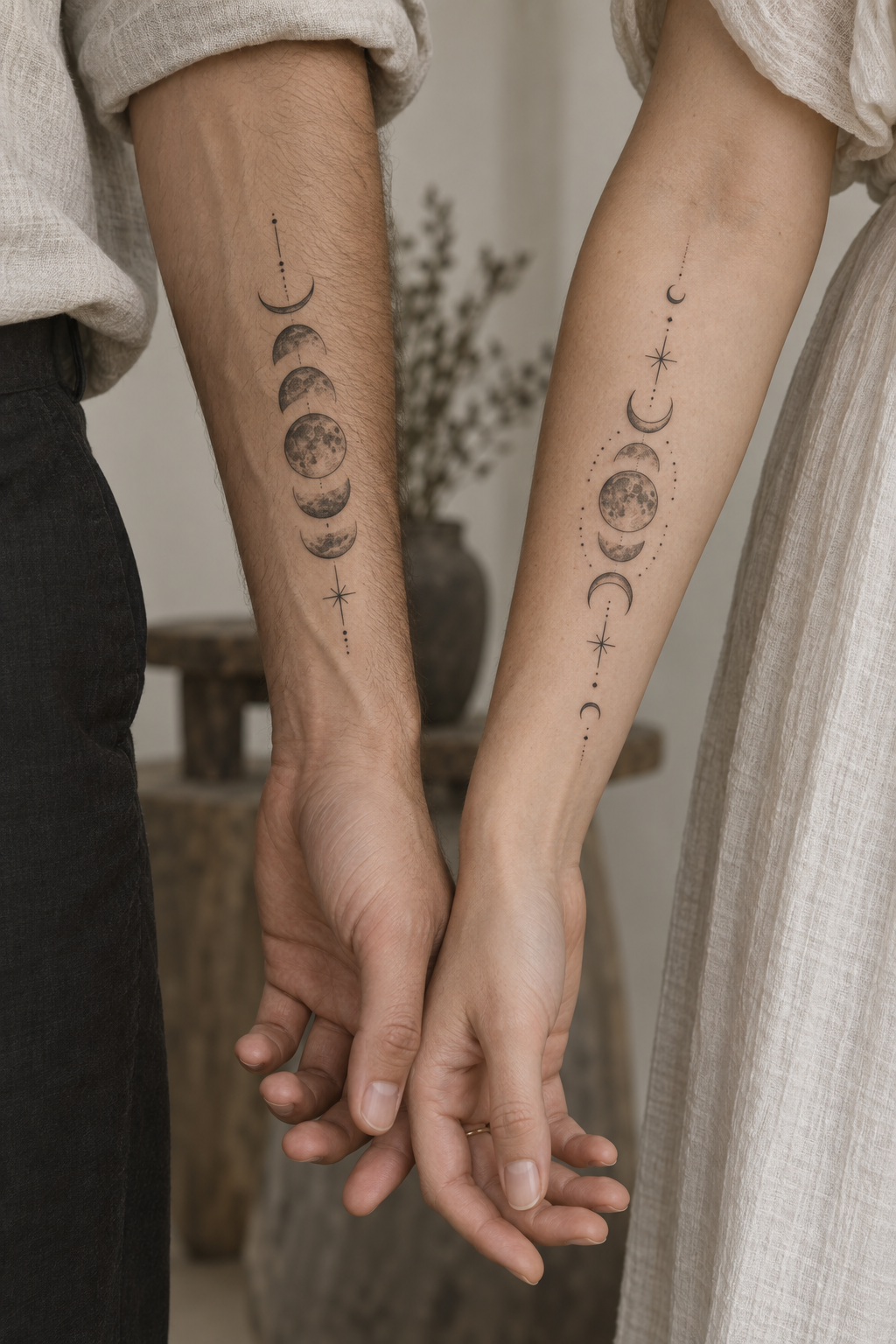 Minimalist moon phases mother daughter tattoo idea