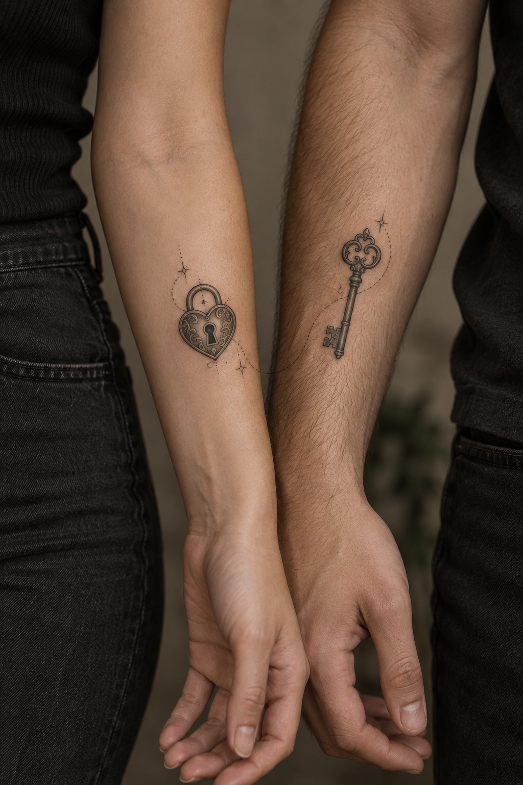 Small heart lock and key mother daughter tattoo idea