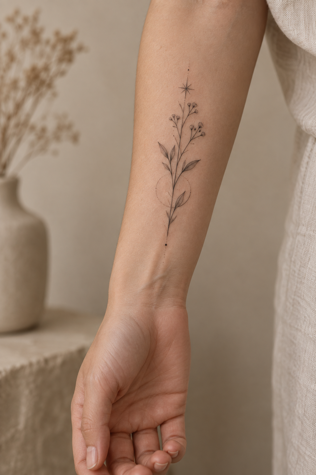 Fine-Line Crescent small forearm tattoos idea