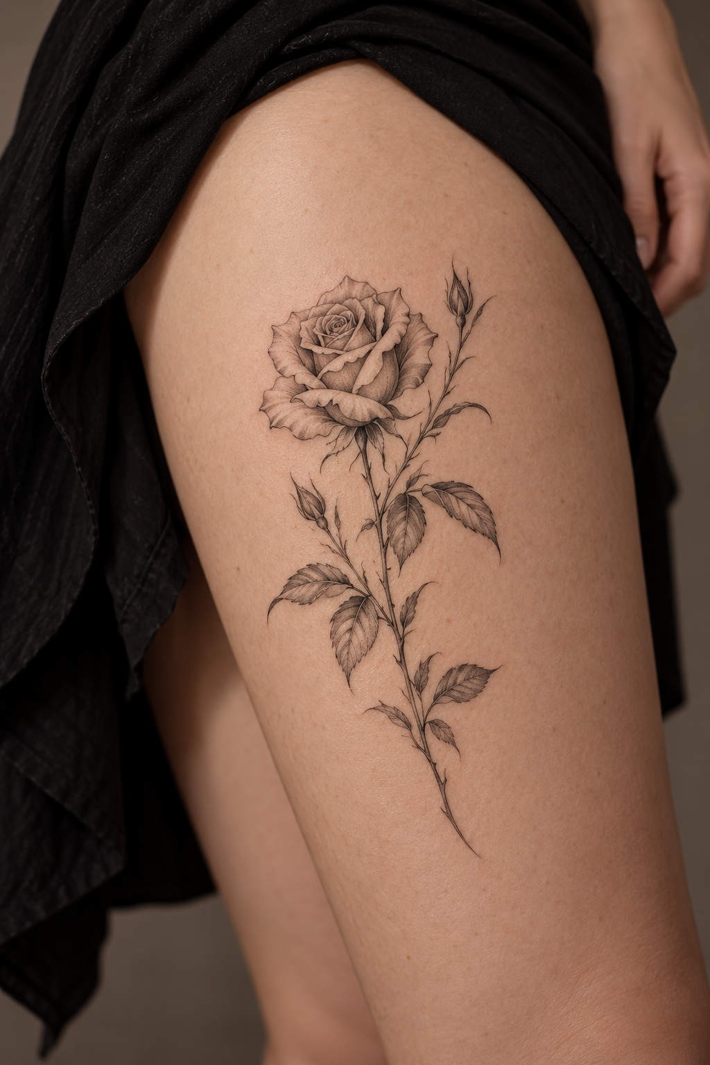 Minimalist Rose small thigh tattoo idea
