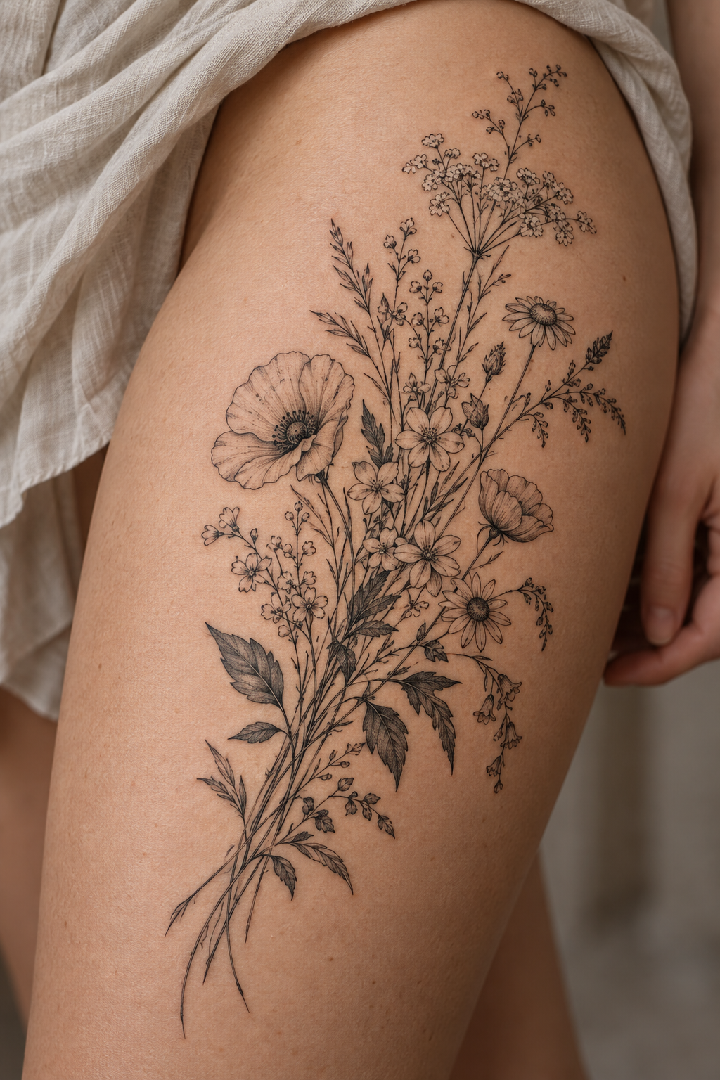 Wildflower Bouquet small thigh tattoo idea